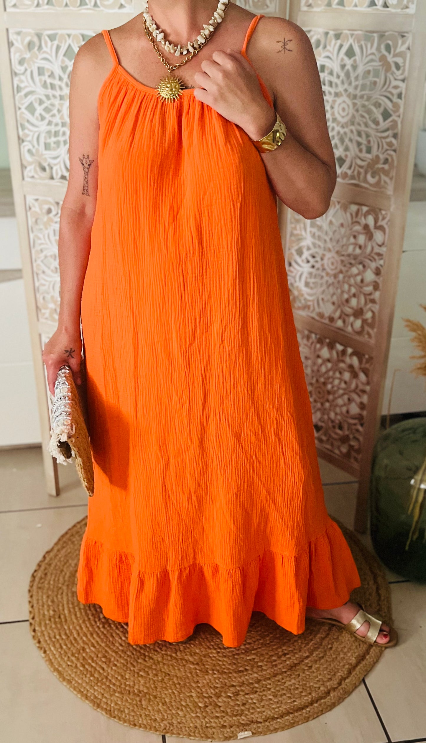 Robe longue dos nu Lara orange 100%coton
