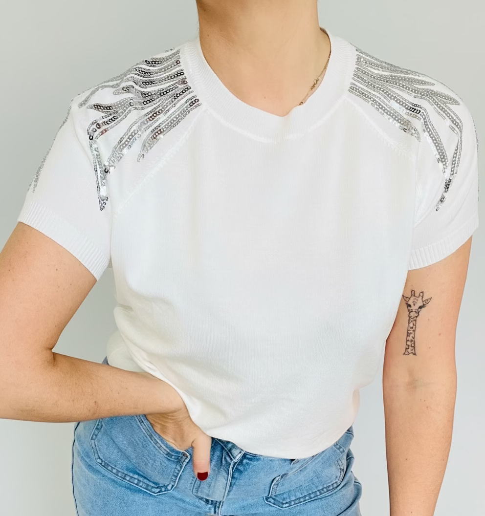 Top blanc strass argentés épaules - Taille unique extensible-du 36 au 42