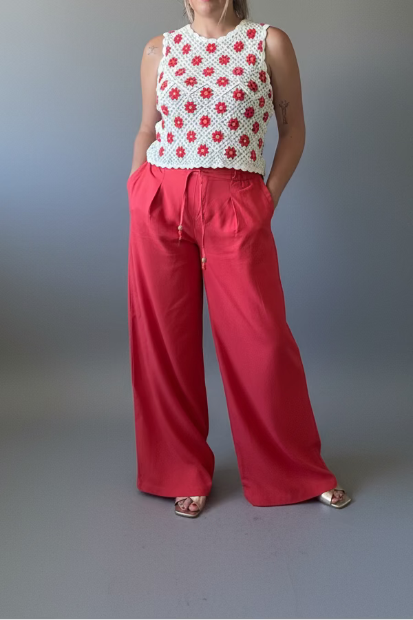 Pantalon effet lin rouge