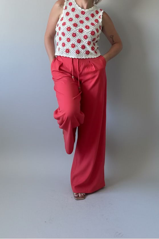 Pantalon effet lin rouge