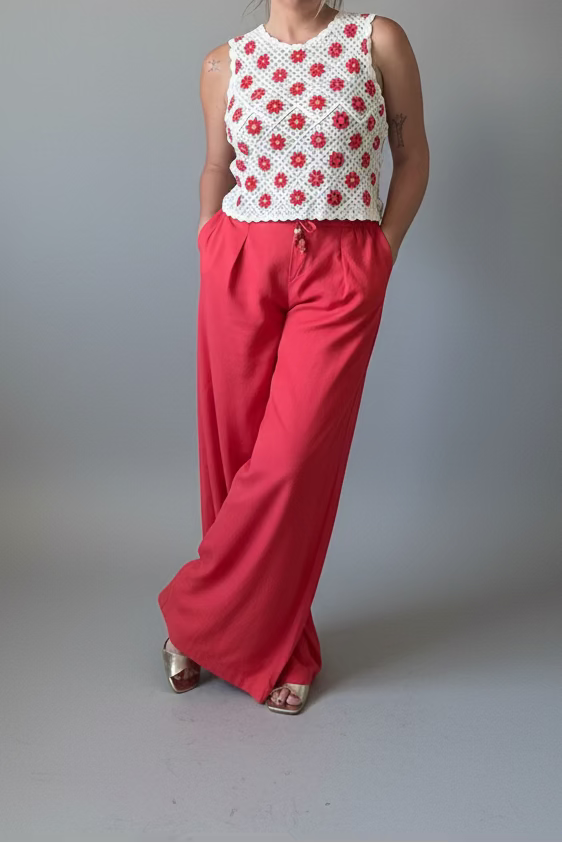 Pantalon effet lin rouge