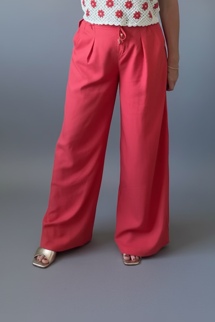 Pantalon effet lin rouge
