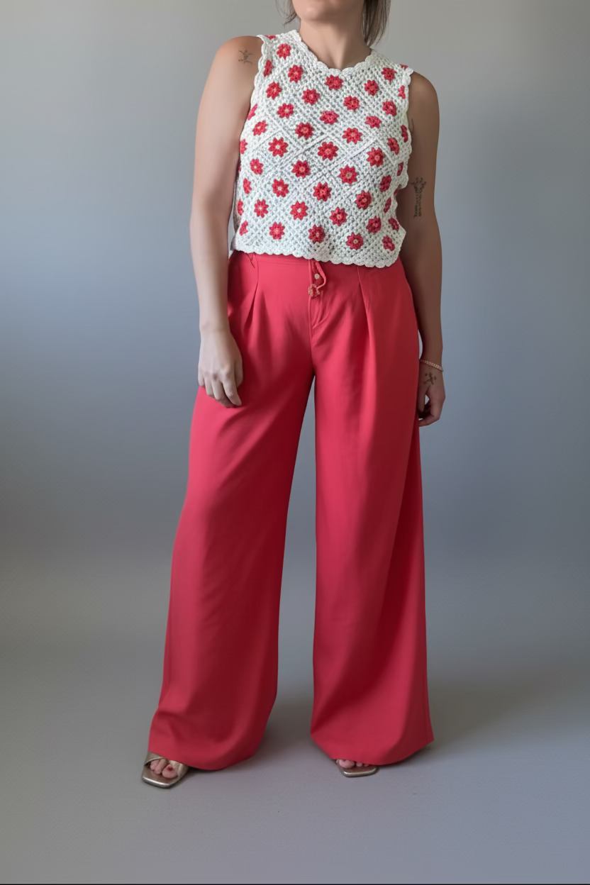 Pantalon effet lin rouge