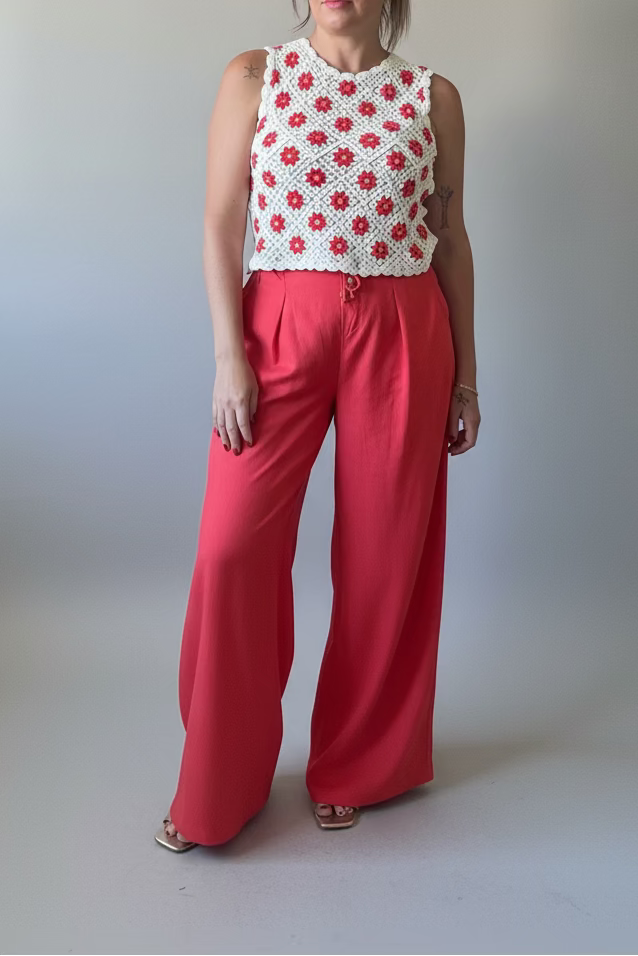 Pantalon effet lin rouge