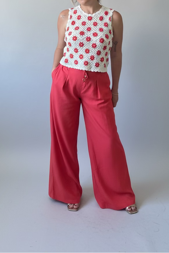 Pantalon effet lin rouge